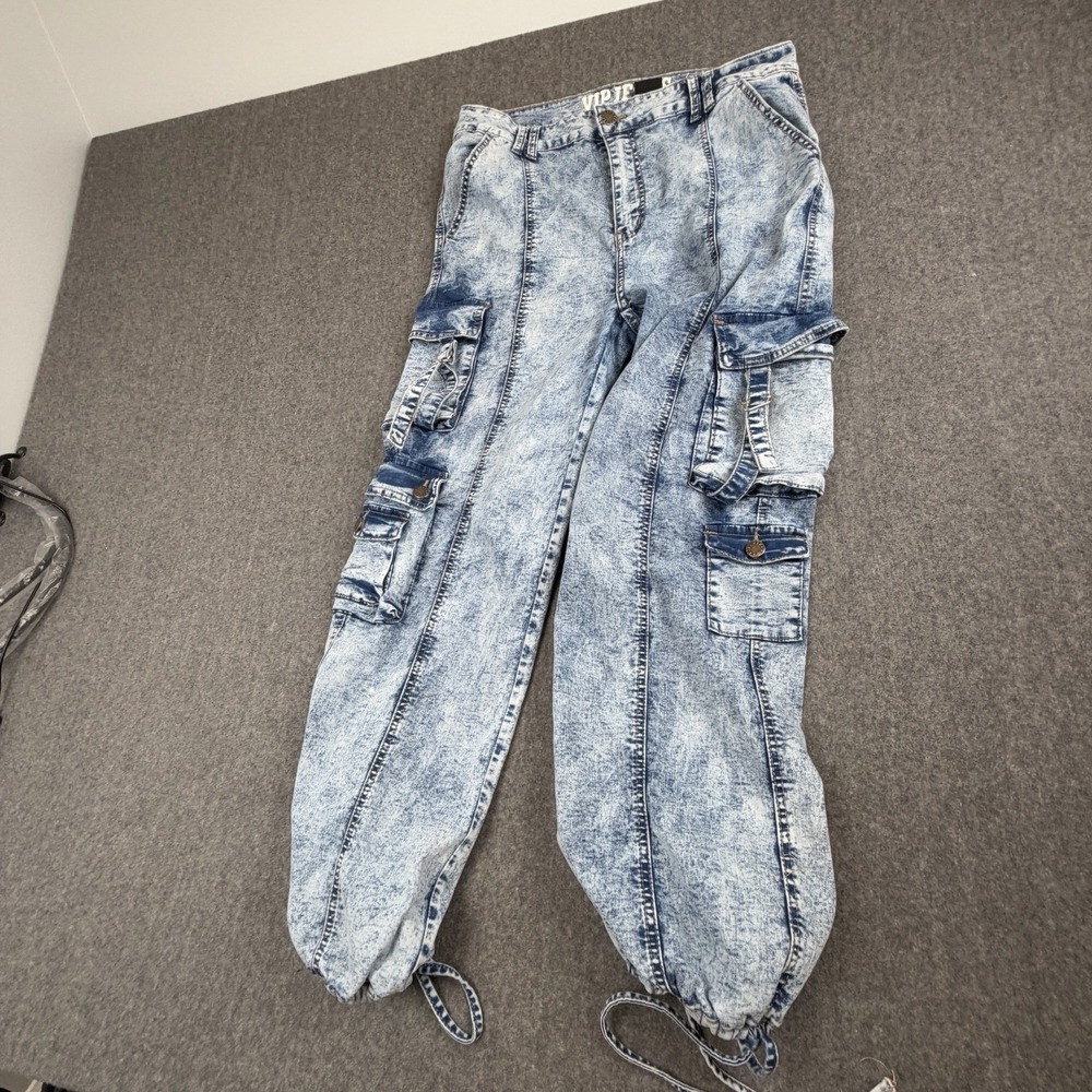 V.I.P. Y2K Acid Wash Cargo Jeans Women's 15/16 Multi Pocket Drawstring Hem